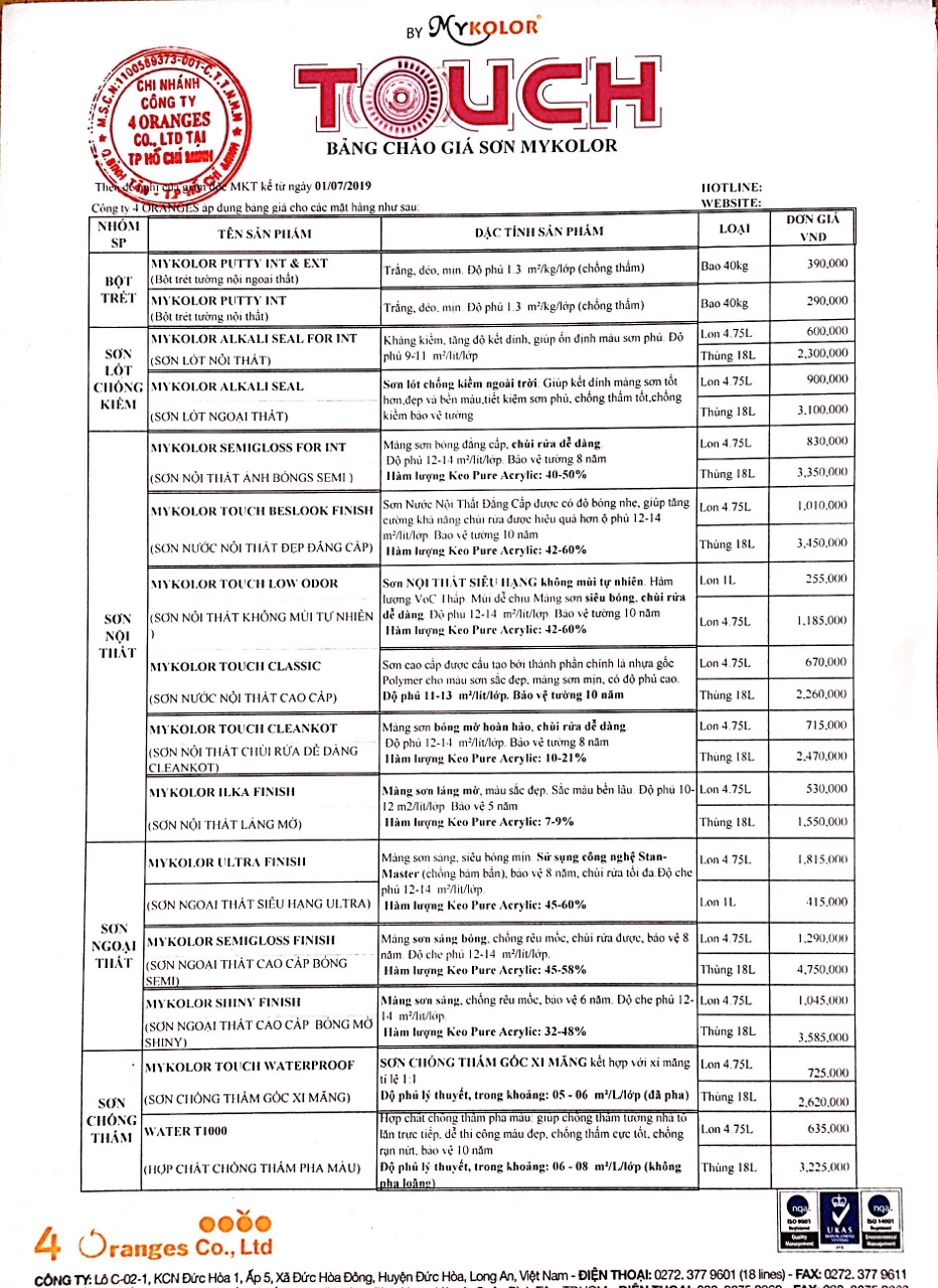 bảng giá sơn Mykolor